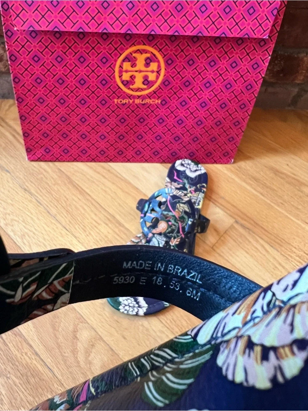 Tory Burch Happy Times Navy Floral Printed Tumbled Leather Miller Sandals